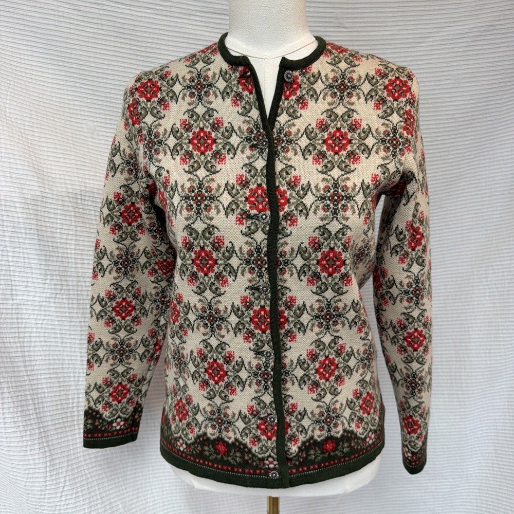 VTG Hundt Modell Trachten Knit 100% Wool Bavarian Floral Cardigan S Button Up